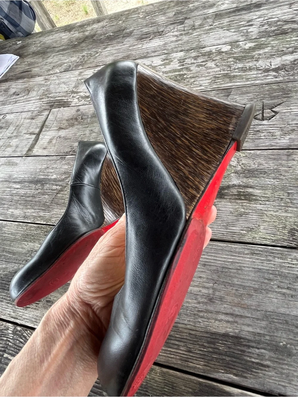 Christian Louboutin Black Leather Wedge Pumps with Red Soles good cond sz 8